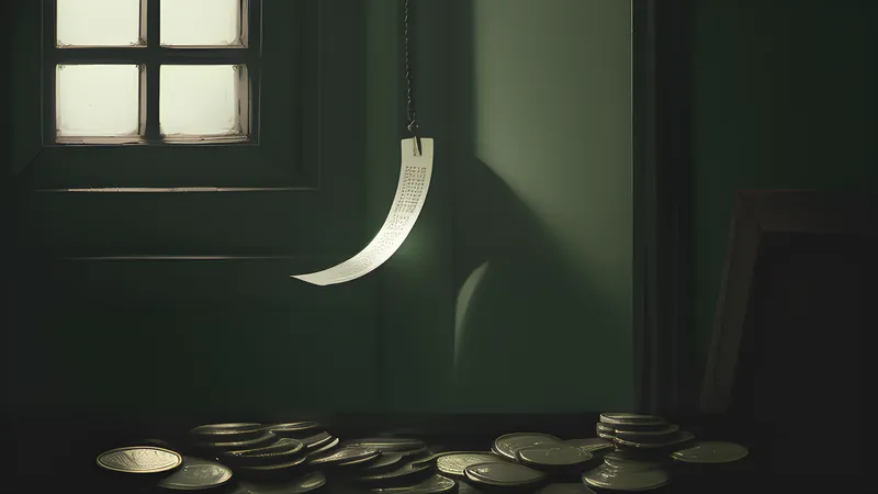 A glowing scroll of text unspooling into a narrow window frame, coins spilling from its edges, amber accent lighting