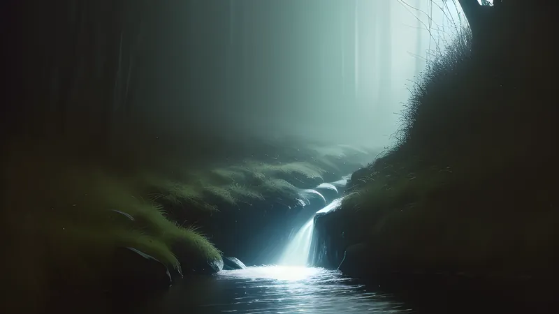 A wide glowing pipe of light narrowing into a thin trickling stream, a faint stuttering pulse within