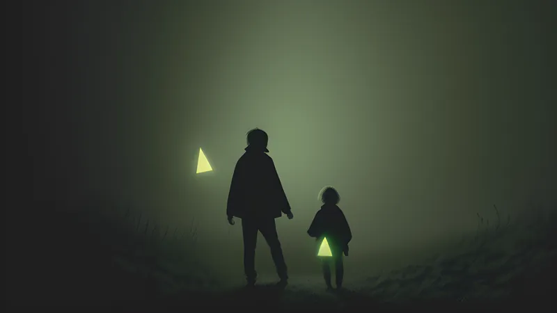Two glowing mirrored data shapes drifting apart then slowly converging back toward the same steady light, muted green accent lighting