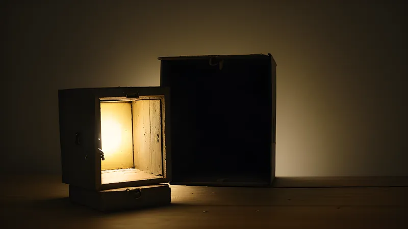 An open glowing box of light sitting unattended on a bare pedestal, no hands nearby to tend it, amber accent lighting