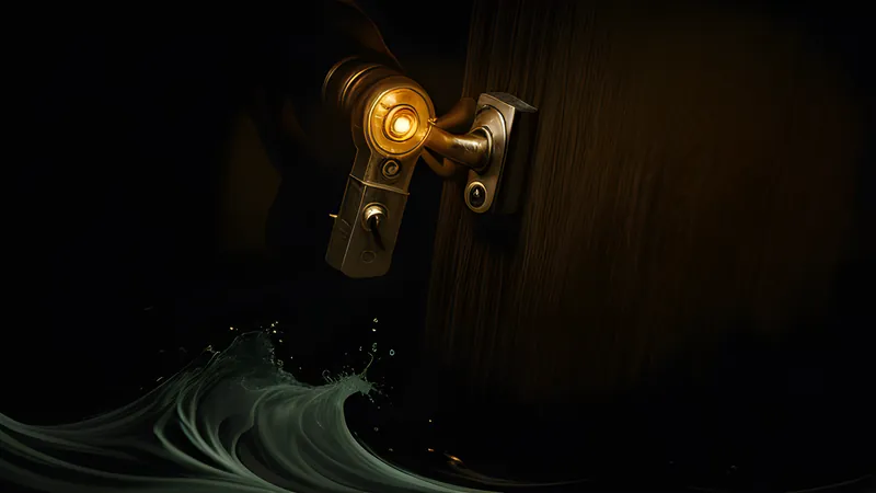 A glowing lock mechanism half-dissolved into overlapping probability waves, one bolt still holding firm, warm orange accent lighting