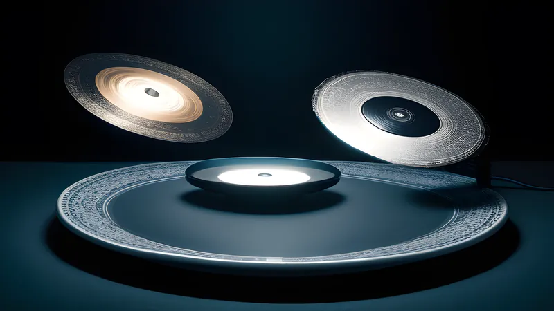 Mirrored glowing disk platters spinning in tandem, one platter cracking while its twin fails to catch the falling pieces, muted green accent lighting