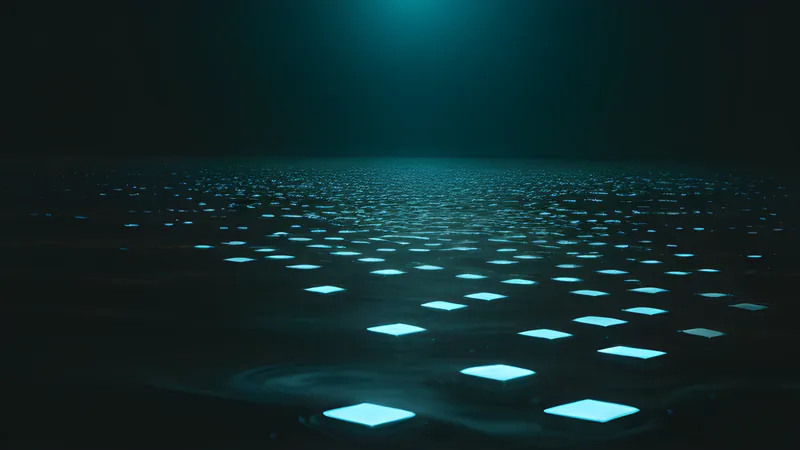 A glowing river of floating tiles being redirected by an unseen current of hands beneath the surface, soft blue accent lighting