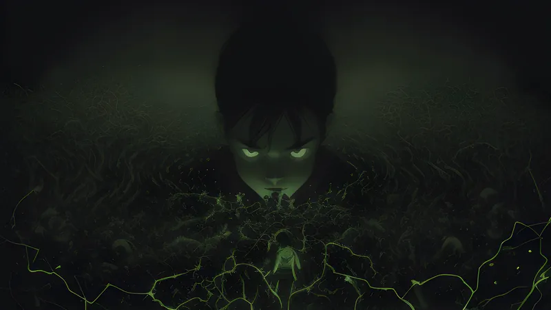 An ordered glowing grid of characters unravelling at its edge into a swarm of tiny chaotic glowing symbols