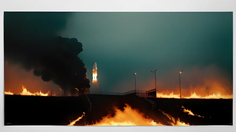 An ark rocket poised on a steep launch ramp beneath a burning orange sky