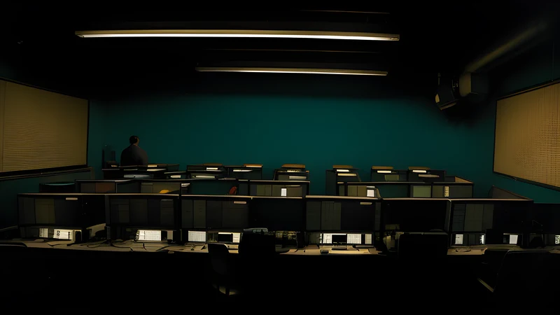 A darkened newsroom at night filled with clattering teletype machines, teal and amber poster style