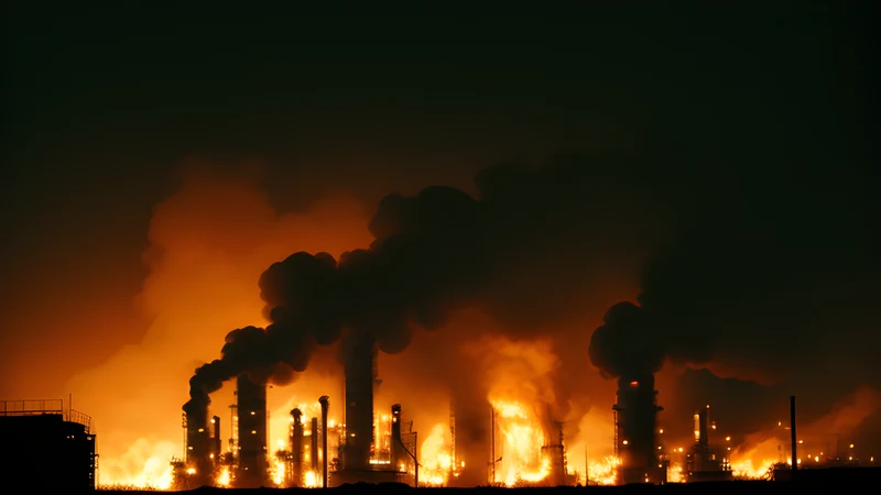 A refinery gas tank silhouetted against fire