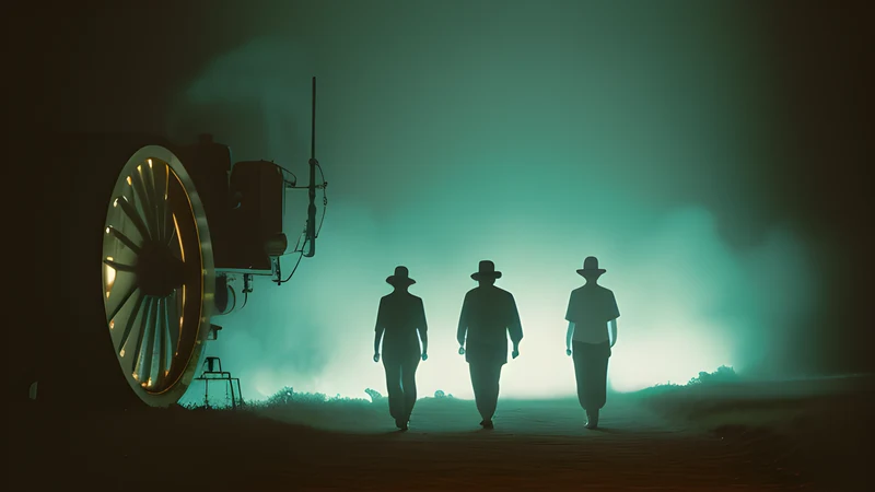 A sugar mill wheel turning in gloom while silhouetted figures walk in step around it