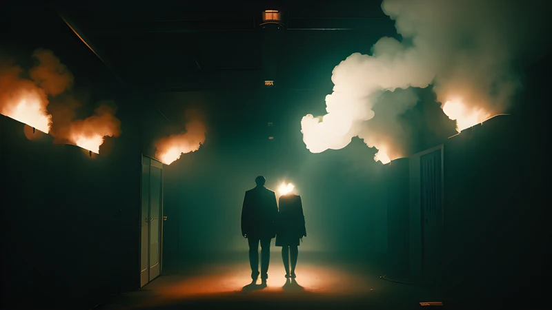 A hockey mask floating in a starfield above a derelict space station, teal and amber grain, projector light through smoke