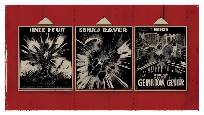 A wall of near-identical festival posters repeating the same headliner names, bold editorial ink with a crimson accent.