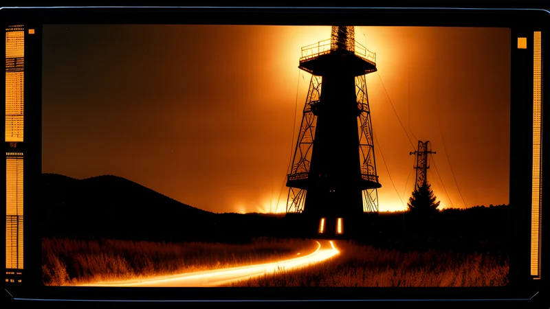 A radio tower on a hill with fog peeling back from the map below it, in amber phosphor glow with scanlines