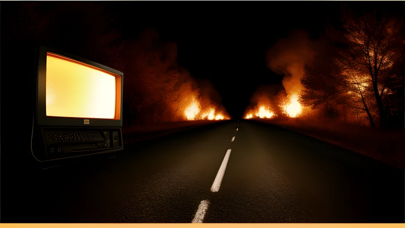 A road erased between two glowing points on a dark landscape, amber CRT glow and scanlines