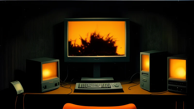 A grid of boxes overflowing with objects in a dark room, amber CRT glow and scanlines