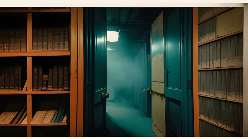 Repertory cinema poster in teal and amber: a ruined stone bunker mouth, projector light and smoke pouring out of the dark.