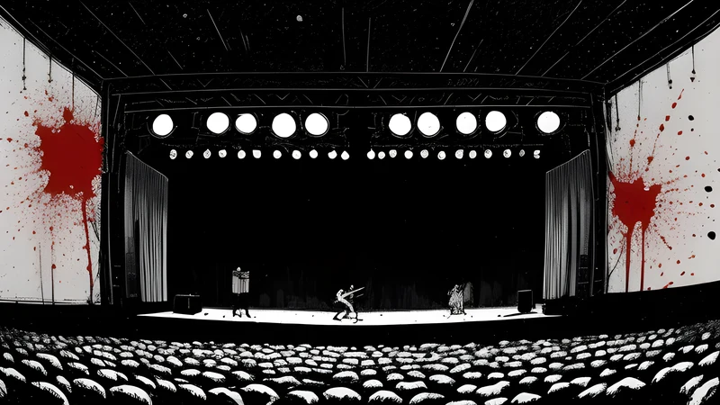 A lone band playing hard on a small stage to a near-empty early-doors room, bold editorial ink with a crimson spotlight.