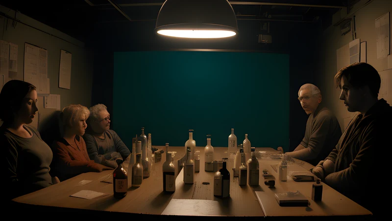A workbench of latex, moulds and dark red fluid under a work lamp, teal and amber, smoke in the projector beam