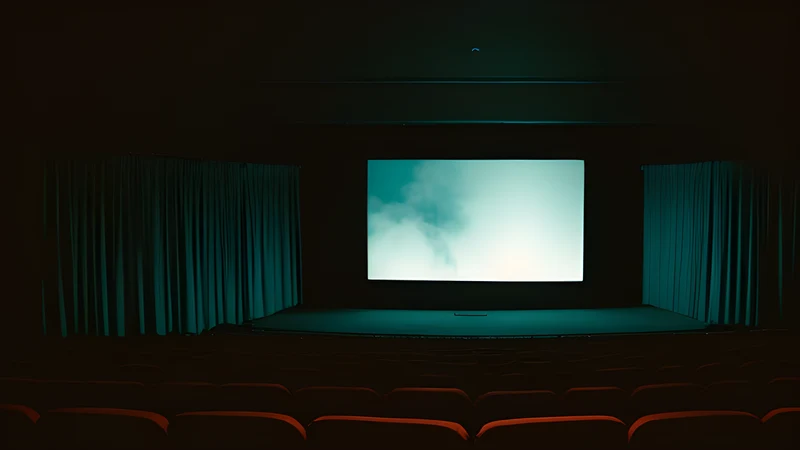 A pale masked face emerging from black, teal and amber grain, projector light through smoke