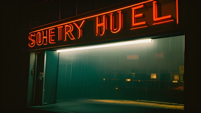 Venetian blind shadows across an empty San Francisco penthouse at dusk, teal and amber, projector light through smoke