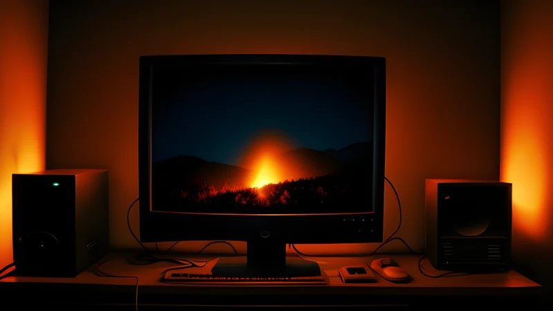 Layered scrolling hills receding at three distinct depths, glowing in CRT orange and amber.