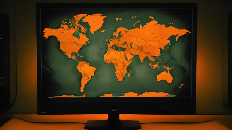 A vast open-world map stretched thin like a taut measuring tape, in CRT amber glow