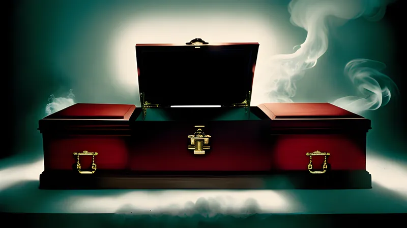 An ornate empty coffin lined in red silk with a shifting silhouette suspended above it