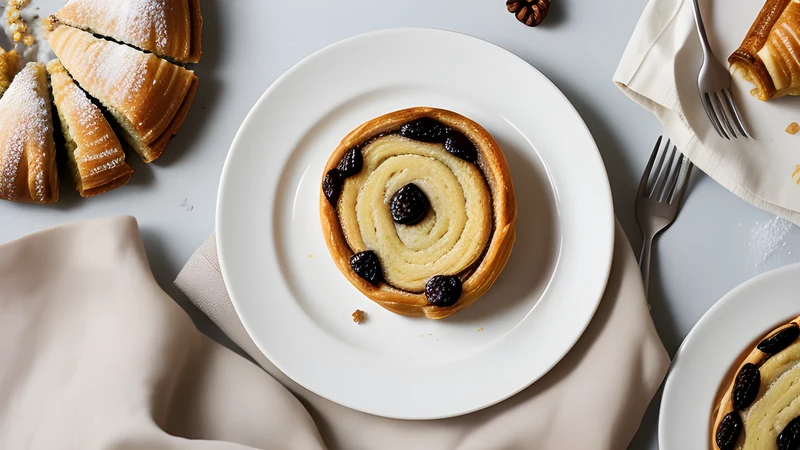 Golden laminated Danish pastries with visible flaky layers, one broken open to show the spiral crumb