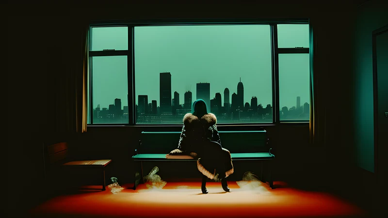 A lone figure in a fur coat under a purple street lamp, repertory cinema poster in teal and amber with projector light through smoke
