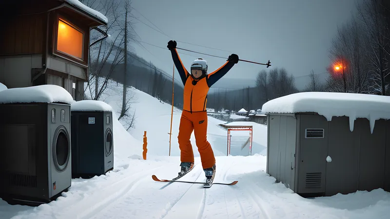 A ski jumper held mid-air over a frozen valley in amber CRT glow