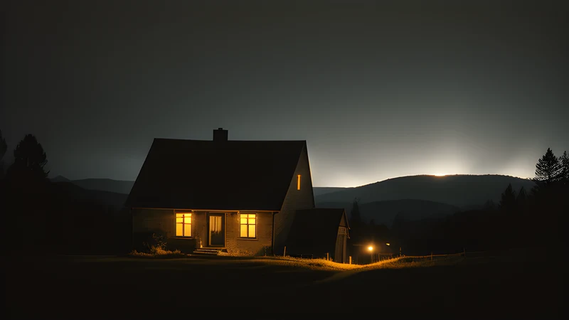 Two lit houses on distant hills joined by a single taut beam of light
