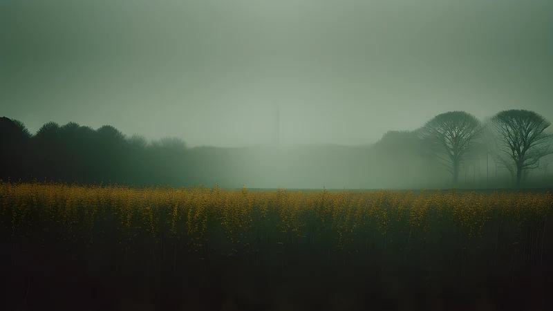 An English hedgerow at dawn with a bare gallows standing in the field, rendered as a repertory cinema poster in teal and amber