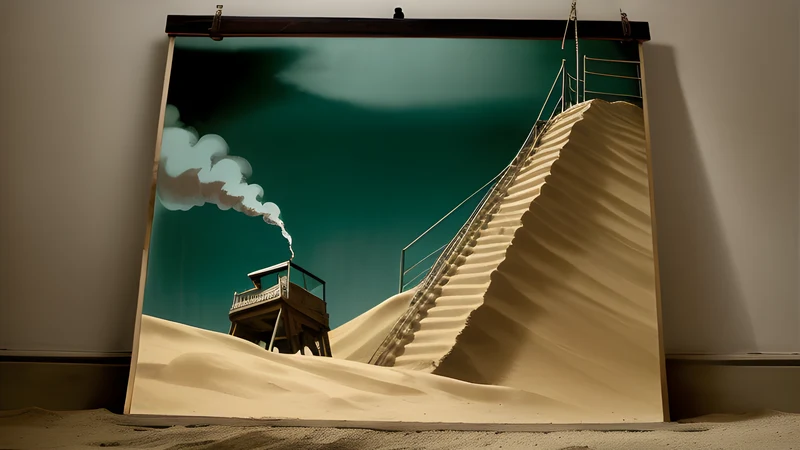 A vast dune wall towering over a tiny house at the bottom of a pit, repertory cinema poster in teal and amber with projector light through smoke