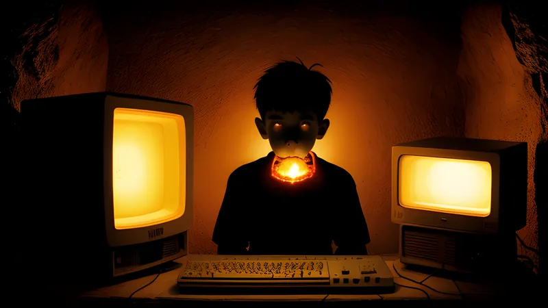 A boy's silhouette mid-transformation into a lizard shape against cave-mouth light