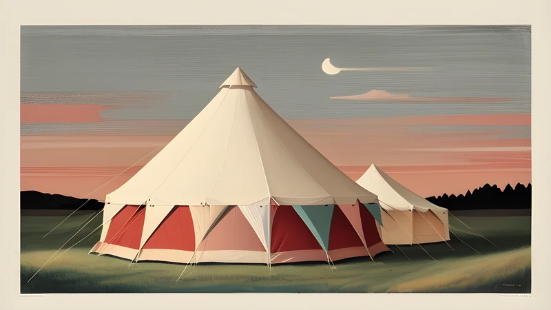 A red-and-white striped big-top tent with bunting under an evening sky