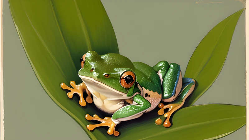 A jewel-bright tree frog on a dewy leaf, vintage poster style