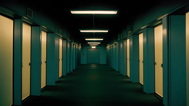 An endless mirrored corridor of identical offices, in teal and amber repertory-poster light