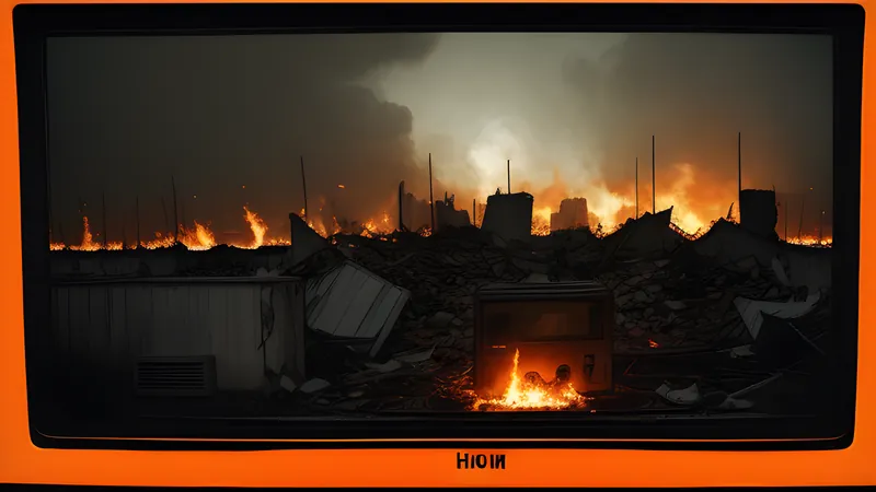 A shattered city rooftop grid lit by flares, soldiers frozen mid-cover behind rubble