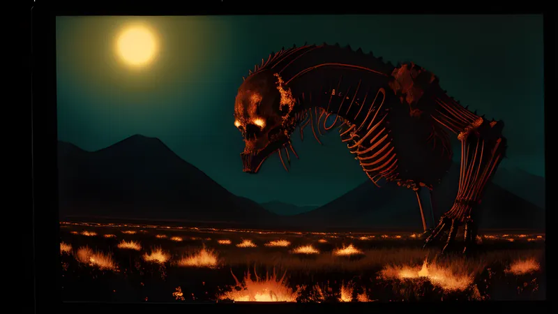 A titan's colossal ribcage forming a mountain range under open sky, rendered in amber CRT glow