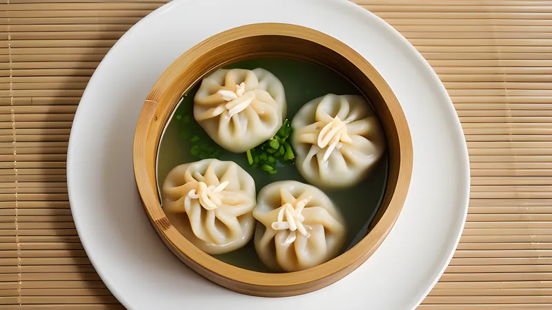 Xiao long bao soup dumplings arranged in a bamboo steamer, wrappers translucent over the broth inside