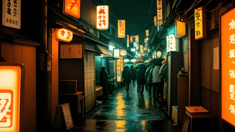 A rain-slicked neon alley crowded with flickering izakaya signage