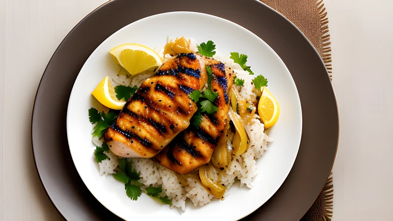 Grilled chicken smothered in caramelised onion and lemon sauce over rice