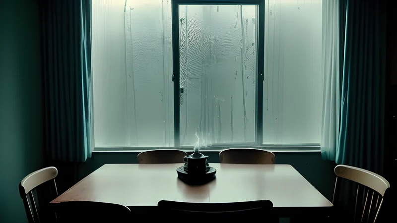 A lone tuba player standing in a drained grey-green room as storm light breaks through the window, repertory cinema poster in teal and amber with projector light through smoke