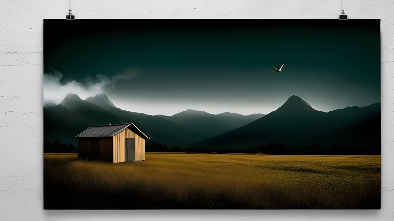 A mountain meadow with a single stone hut and a hawk circling overhead
