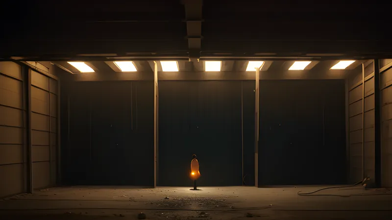 A tiny glowing trickle of data droplets dwarfed beneath an oversized empty warehouse-shaped structure of light