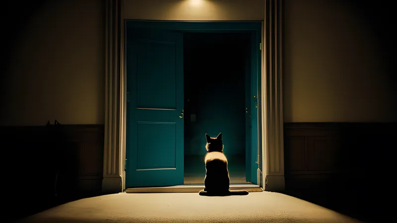 A locked door with a black cat sitting on the threshold, teal shadow and amber light
