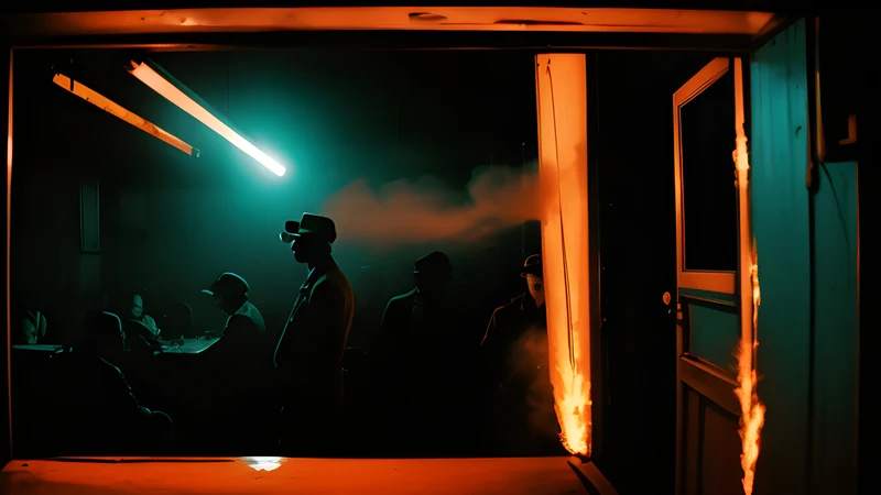 Repertory poster: a silhouetted gunman against a cinema screen, teal and amber light cutting through smoke