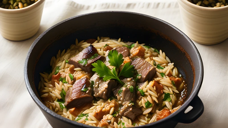 A shallow clay dish of lamb and orzo in tomato sauce with a browned crust of grated cheese