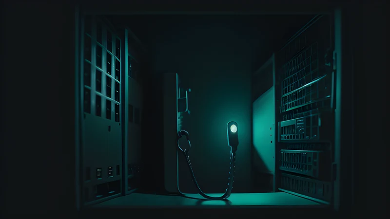 A small metal security key glowing in a USB port in front of a dark server rack