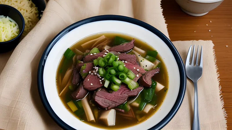 A bowl of spicy red yukgaejang soup with shredded beef and bracken fern