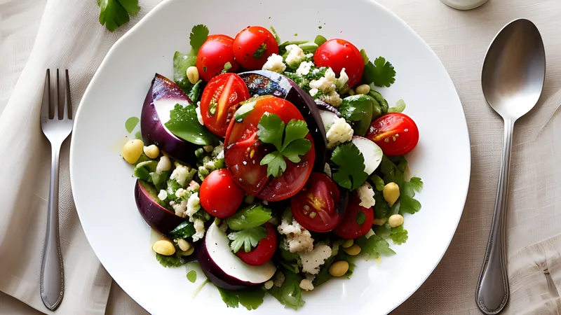 Smoky mashed aubergine and tomato salad in a shallow bowl with olive oil and coriander