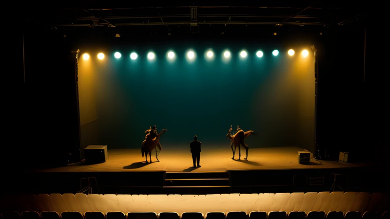 A desert stage with electric guitars and horses, styled as a teal-and-amber repertory poster